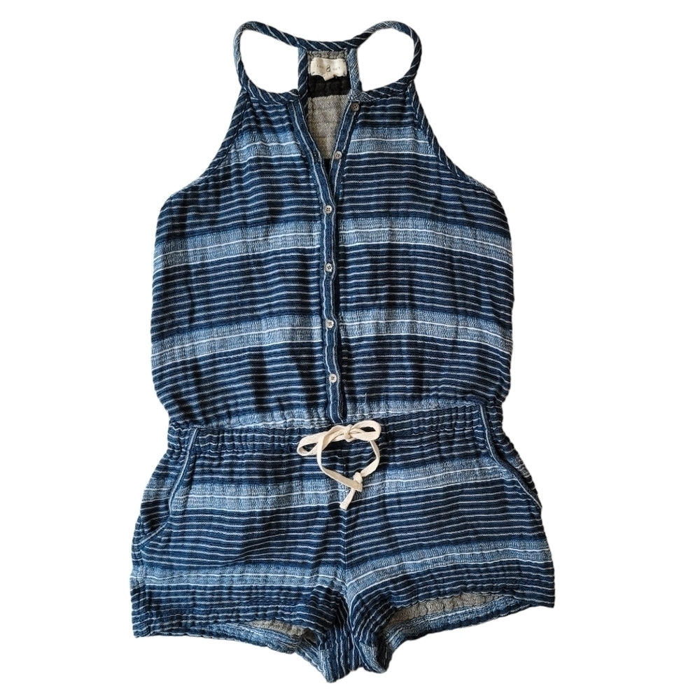 Lou & Grey Women Small Blue Stripe Baja Romper Cotton Beach Coastal